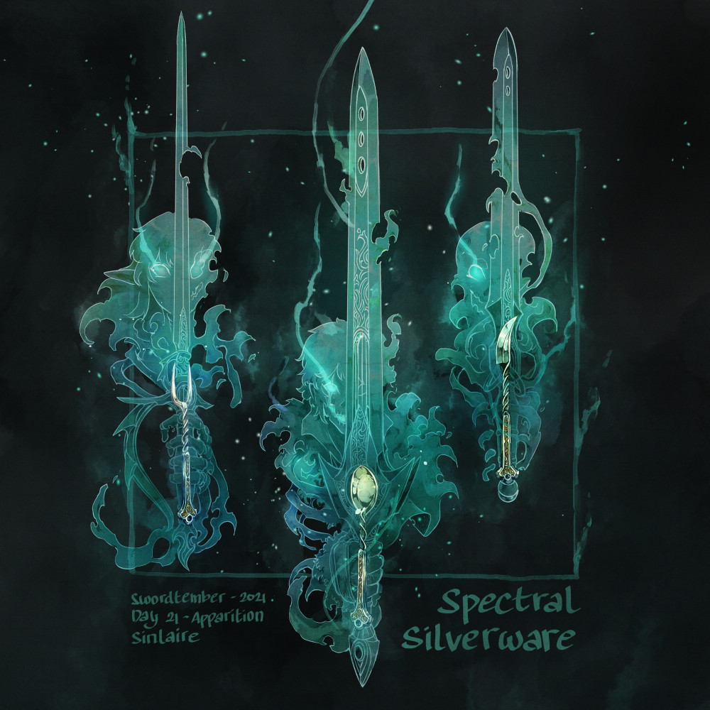 artist_name black_background commentary dated english_commentary english_text fantasy fork ghost knife no_humans original simple_background sinlaire spectral spoon sword weapon weapon_focus