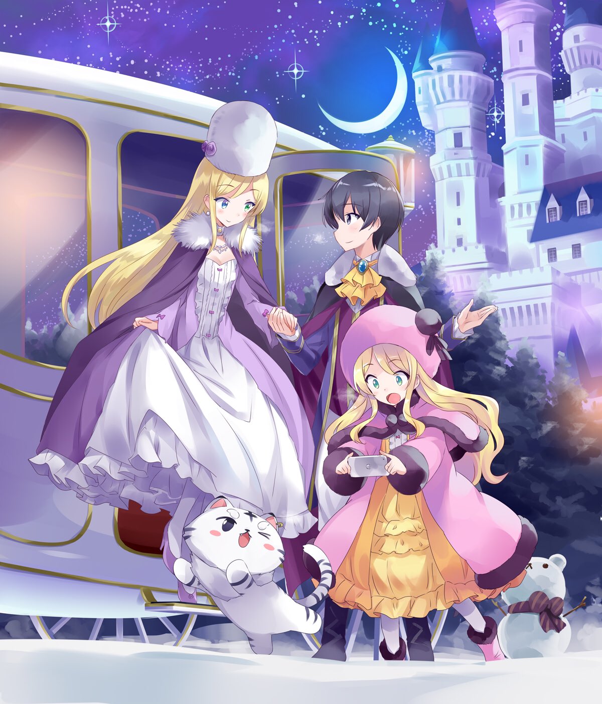 1boy black_eyes black_hair blonde_hair blue_eyes blush breath cape carriage castle cellphone coat crescent_moon dress eye_contact eyebrows_visible_through_hair fur_trim green_eyes heterochromia highres holding holding_hands holding_phone isekai_wa_smartphone_to_tomo_ni. jewelry kohaku_(isekai_wa_smartphone_to_tomo_ni.) long_hair looking_at_another mochizuki_touya moon multiple_girls night open_mouth outdoors phone second-party_source skirt skirt_hold sky smartphone smile snow snowing snowman soucie_elnea_ortlinde standing standing_on_one_leg star_(sky) starry_sky usatsuka_eiji winter winter_clothes yumina_elnea_belfast