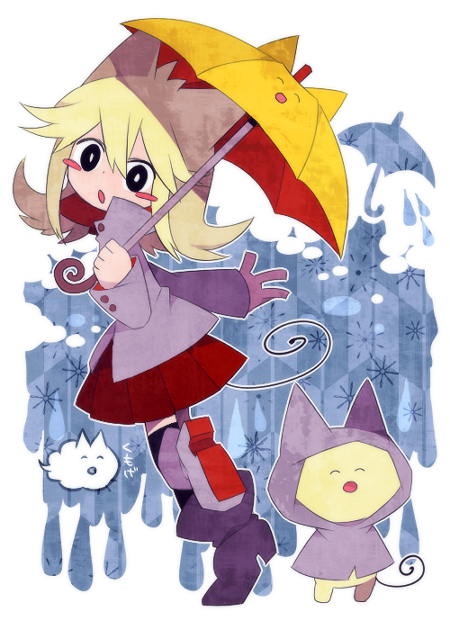 1girl ^_^ ^o^ animal_ears bangs black_eyes black_footwear blonde_hair blue_background blush boots cat cat_ears closed_eyes full_body grey_jacket grey_raincoat holding holding_umbrella jacket long_hair looking_at_viewer moge-ko mogeko_(mogeko_castle) mogeko_(okegom) mogeko_castle open_mouth raincoat red_skirt running skirt snowflake_background snowflakes tail umbrella water_drop white_background yellow_cat yellow_umbrella