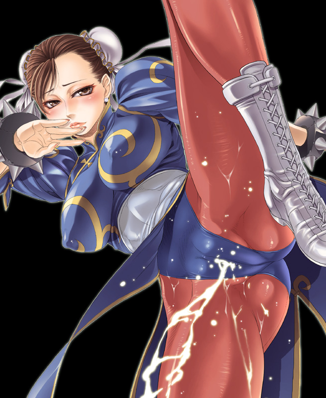 blush boots bracelet breasts brown_eyes brown_hair bun_cover china_dress chinese_clothes chun-li double_bun dress female_ejaculation high_kick jewelry kicking large_breasts muscle pantyhose pelvic_curtain pierre_norano sash solo spiked_bracelet spikes street_fighter