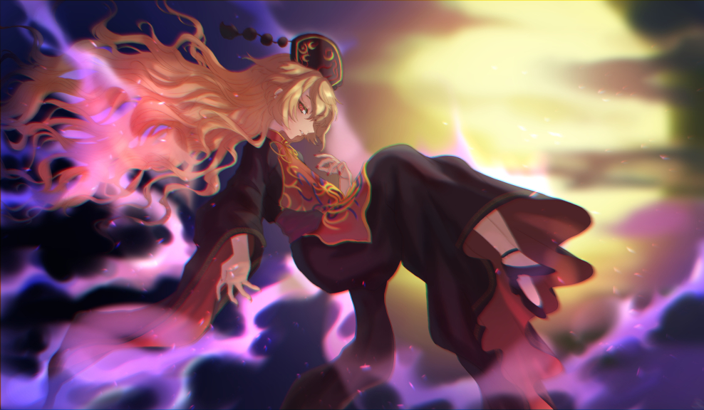 1girl alice_tam aura bangs blonde_hair breasts brown_sash chinese_clothes cloud cloudy_sky energy expressionless eyebrows_visible_through_hair floating_hair fox_tail high_heels junko_(touhou) large_breasts long_hair long_sleeves looking_at_viewer moon multiple_tails nail_polish night night_sky obi phoenix_crown red_eyes red_nails sash sky solo tail tassel touhou wide_sleeves