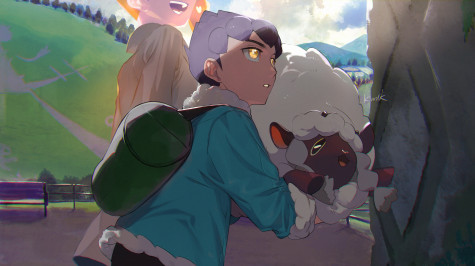 1boy 1girl aqua_jacket artist_name bench brown_coat cloud coat commentary_request day fence forest fur-trimmed_jacket fur_trim grass green_bag hair_ornament heart heart_hair_ornament holding holding_pokemon hop_(pokemon) jacket kmtk looking_to_the_side meadow nature open_mouth orange_hair outdoors parted_lips pokemon pokemon_(creature) pokemon_(game) pokemon_swsh sky sonia_(pokemon) teeth tongue tree wooloo yellow_eyes