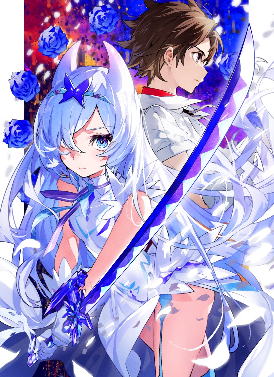 1boy 1girl aine_(apocalypse_witch) apocalypse_witch bangs bare_arms bare_shoulders blue_eyes blue_flower blue_hair blue_rose breasts brown_hair closed_mouth cover_image cowboy_shot dengeki_bunko dress eyebrows_visible_through_hair flower garter_straps gloves hair_over_one_eye hairband highres holding holding_sword holding_weapon horns long_hair looking_at_viewer mika_pikazo novel_illustration official_art rose sanpaku serious shirt short_sleeves sleeveless sleeveless_dress solo_focus sword textless thighhighs two-handed utagai_karuta v-shaped_eyebrows very_long_hair weapon white_dress white_gloves white_shirt