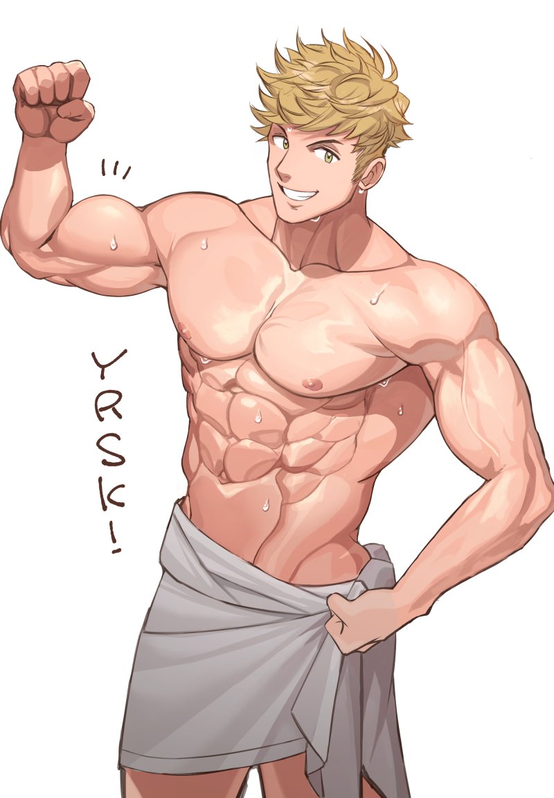 1boy abs bara bare_pectorals biceps blonde_hair dripping flexing granblue_fantasy green_eyes large_pectorals looking_at_viewer male_focus muscular muscular_male naked_towel navel nipples null_qq pectorals pose sideburns smile solo stomach teeth towel towel_around_waist vane_(granblue_fantasy) wet wet_face wet_hair white_background