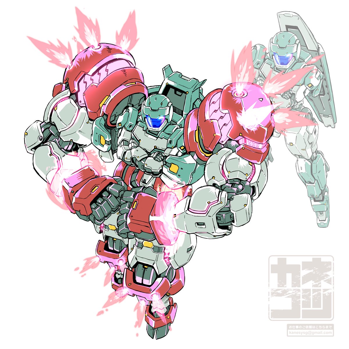 adele_(gundam_age) artist_name clenched_hands commentary_request crossed_arms email_address energy extra_arms full_body fusion glowing glowing_eyes gundam gundam_age gundam_age-1 gundam_age-1_titus highres kaneko_tsukasa mecha mobile_suit muscular no_humans pose projected_inset signature simple_background white_background