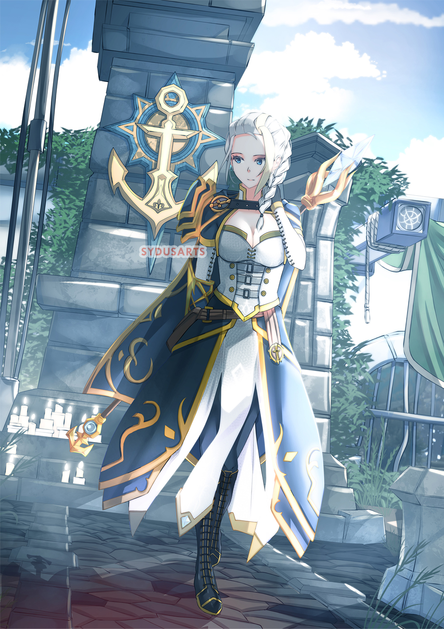 1girl armor artist_name boots braid cleavage_cutout clothing_cutout commentary english_commentary french_braid full_body grey_hair highres jaina_proudmoore pauldrons shoulder_armor single_pauldron staff sydus warcraft
