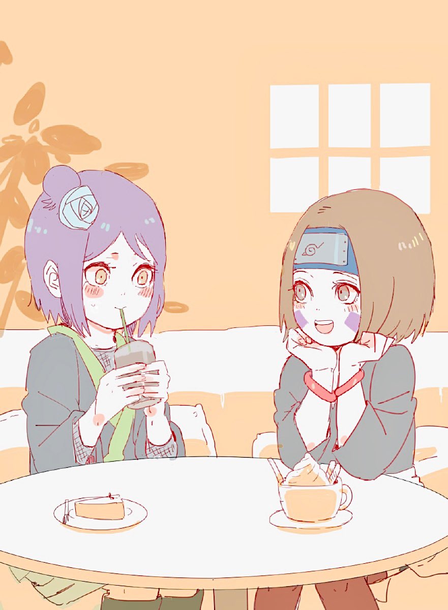 2girls :d blush_stickers bracelet brown_hair cake cup drink facial_mark flower food forehead_protector hair_flower hair_ornament hands_on_own_face highres holding holding_cup holding_drink jewelry konan_(naruto) konohagakure_symbol looking_at_another meitarou multiple_girls naruto naruto_(series) naruto_shippuuden nohara_rin open_mouth orange_eyes purple_hair short_hair sitting smile table younger