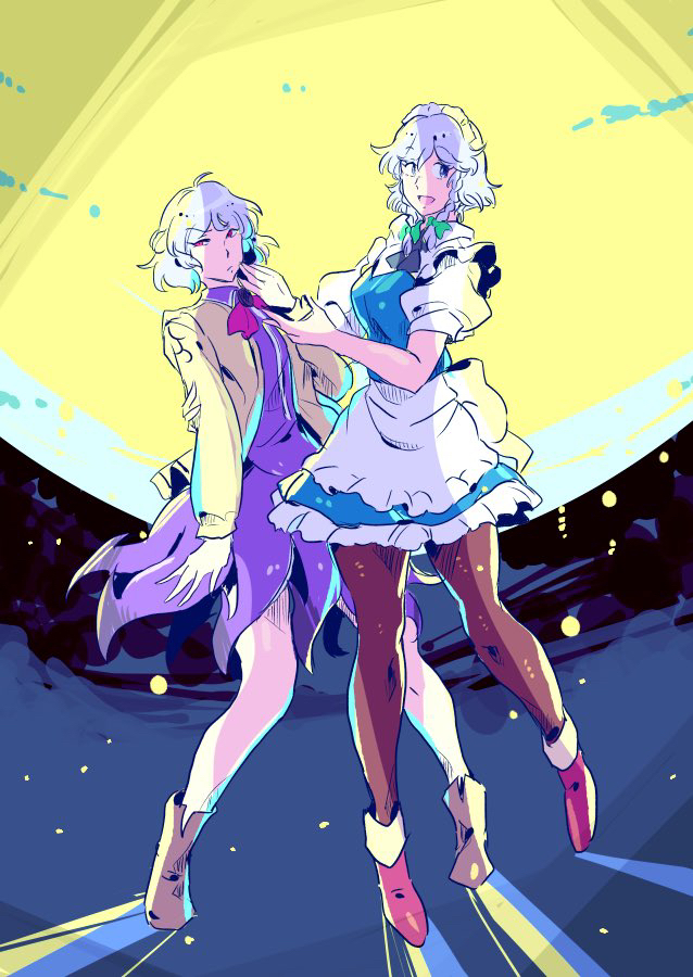 2girls :/ angel_wings apron beige_jacket blue_eyes boots bow bowtie braid breasts brown_footwear brown_legwear dress eyebrows_visible_through_hair flat_chest french_braid full_moon green_ribbon hair_between_eyes hair_ribbon hand_to_own_mouth izayoi_sakuya kishin_sagume large_breasts long_sleeves looking_to_the_side maid maid_apron maid_headdress moon multiple_girls open_mouth pantyhose puffy_short_sleeves puffy_sleeves purple_dress red_bow red_bowtie red_eyes ribbon short_hair short_sleeves silver_hair single_wing touhou tress_ribbon twin_braids white_hair wings yutarou