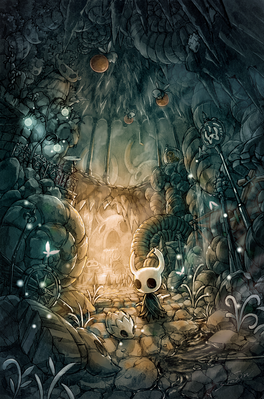 1other artist_name aspid_hunter_(hollow_knight) bathing beetle bug butterfly cave cave_interior column commentary fossil glowing grub_(hollow_knight) highres hollow_knight knight_(hollow_knight) lamppost lance no_humans onsen pillar plant polearm puddle quirrel railing rock scenery signature sinsin719 stalactite standing statue stick stone_walkway tiktik_(hollow_knight) water waterfall weapon wheel wide_shot