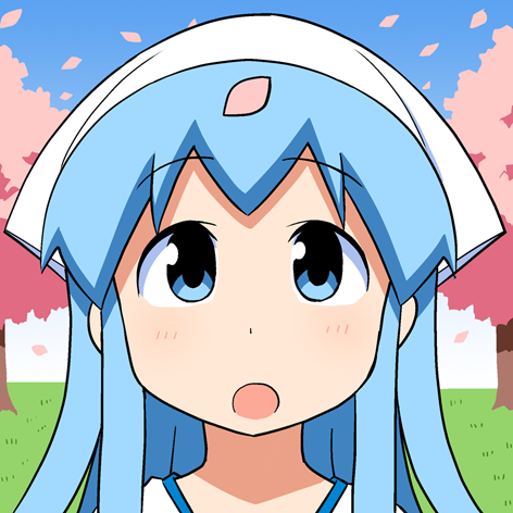 1girl :o anbe_masahiro bangs blue_eyes blue_hair blue_sky cherry_blossoms close-up day eyebrows_visible_through_hair face facing_viewer gradient_sky grass hat ikamusume long_hair looking_up lowres object_on_head official_art open_mouth outdoors petals portrait shinryaku!_ikamusume sky solo spring_(season) squid_hat straight-on tareme third-party_source tree white_headwear wind