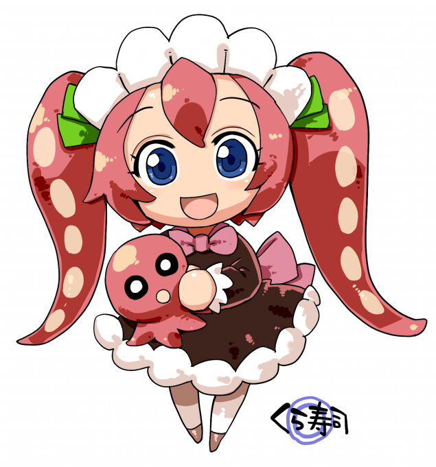 1girl :d blue_eyes bow bowtie brown_dress denki_showgun dress full_body holding kaiten_muten-maru lolitako long_hair long_sleeves looking_at_viewer maid_headdress open_mouth pantyhose pink_bow pink_bowtie red_hair simple_background smile solo tentacle_hair twintails white_background white_legwear