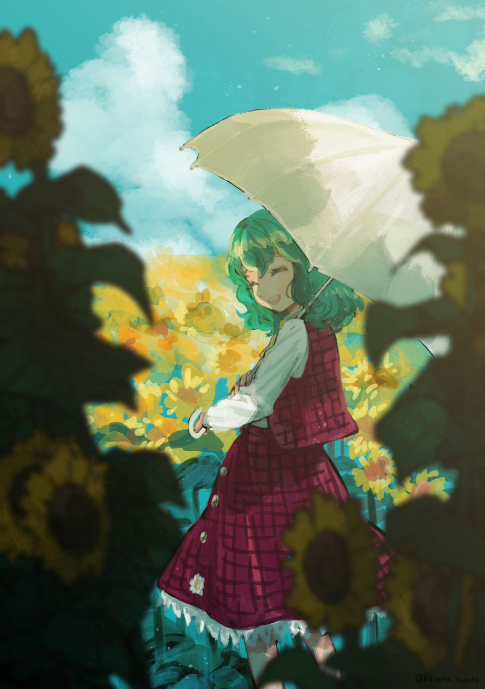 1girl bangs closed_eyes cloud commentary_request day feet_out_of_frame field flower flower_field garden_of_the_sun green_hair highres holding holding_umbrella kazami_yuuka kinosaki long_sleeves medium_hair open_mouth outdoors red_skirt red_vest shirt skirt smile solo sunflower touhou umbrella vest white_shirt white_umbrella