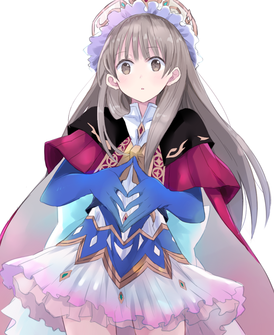 1girl atelier_(series) atelier_lulua atelier_totori bangs blue_gloves brown_eyes brown_hair capelet collared_shirt commentary cosplay dress elbow_gloves formal frills gloves headdress looking_at_viewer maromi_(am97) own_hands_together shirt simple_background solo totooria_helmold white_background