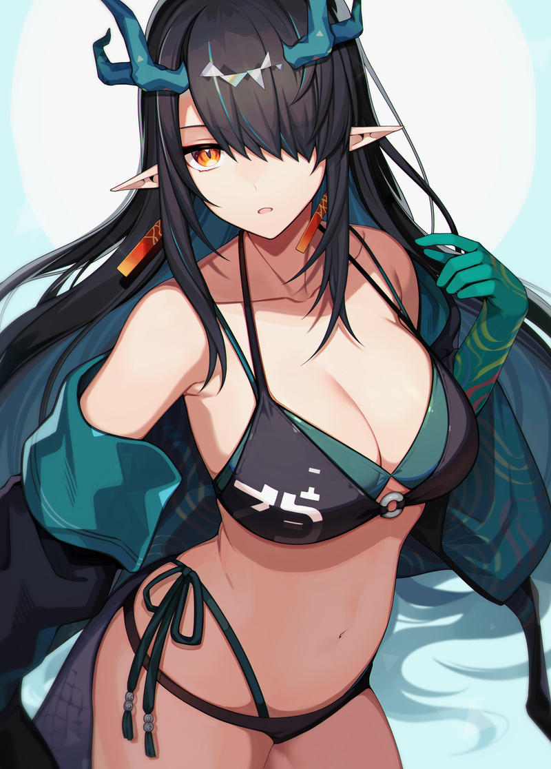 1girl arknights armpits bare_shoulders bikini black_bikini black_hair black_jacket breasts cleavage collarbone commentary_request commission cowboy_shot dragon_horns dragon_tail dusk_(arknights) earrings green_bikini hair_over_one_eye halter_top halterneck highleg highleg_bikini horns jacket jewelry kinsenka_momi large_breasts layered_bikini long_hair looking_at_viewer navel o-ring o-ring_bikini off_shoulder orange_eyes parted_lips pointy_ears side-tie_bikini sidelocks skeb_commission solo stomach strap_gap string_bikini swimsuit tail