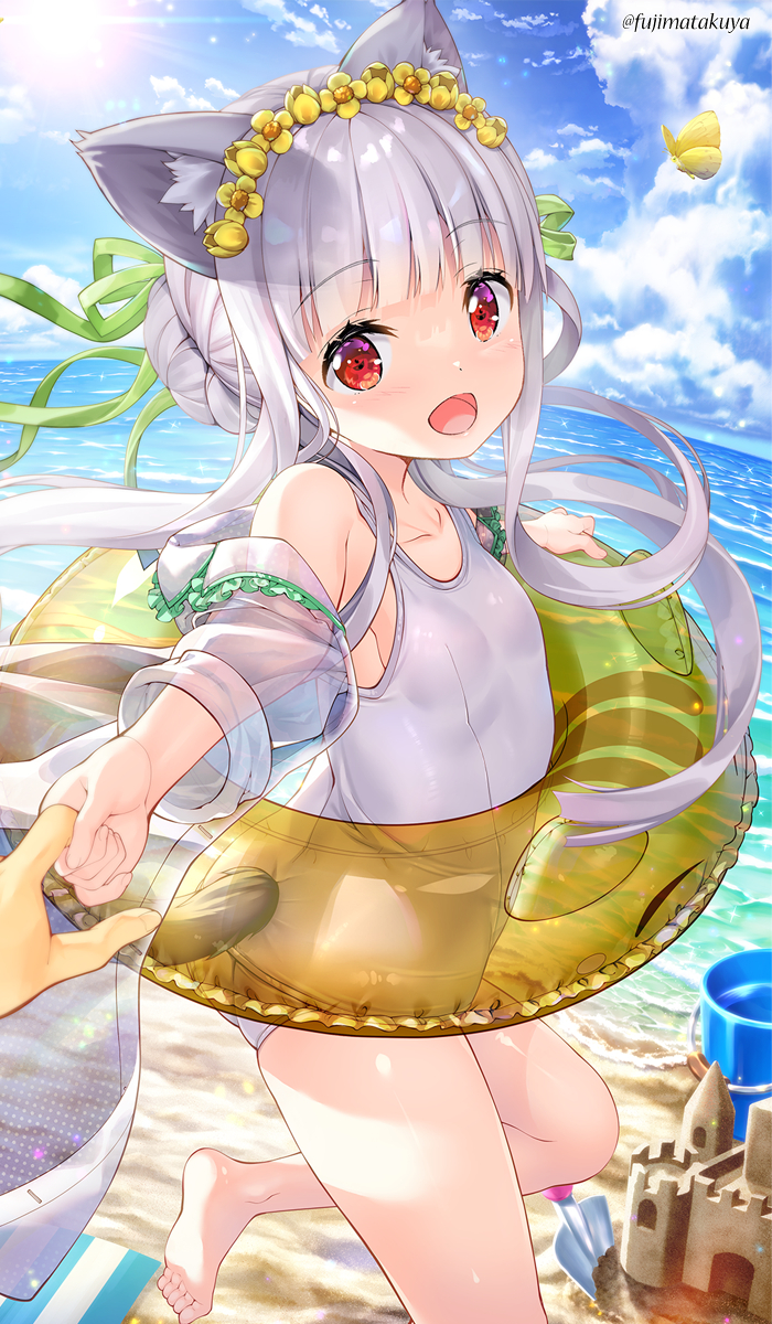 1boy 1girl :d animal animal_ear_fluff animal_ears bangs bare_shoulders barefoot beach blue_sky bug butterfly character_request cloud commentary_request day eyebrows_visible_through_hair flower fujima_takuya green_ribbon grey_hair hair_bun hair_flower hair_ornament hair_ribbon highres horizon innertube isekai_ni_tobasaretara_papa_ni_nattandaga jacket long_hair looking_at_viewer looking_to_the_side ocean off_shoulder one-piece_swimsuit open_clothes open_jacket open_mouth outdoors red_eyes ribbon sand_castle sand_sculpture school_swimsuit see-through sky smile soles solo_focus standing standing_on_one_leg sun swimsuit transparent trowel twitter_username very_long_hair water white_swimsuit yellow_flower