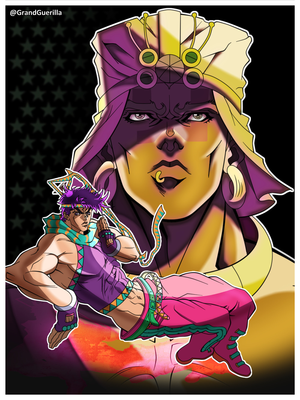 2boys bare_arms battle_tendency belt blue_scarf closed_mouth collar covered_abs earrings facial_mark fighting_stance fingerless_gloves gloves grandguerrilla green_belt grey_eyes headband highres hoop_earrings jewelry jojo_no_kimyou_na_bouken jojo_pose joseph_joestar joseph_joestar_(young) lip_piercing looking_at_viewer male_focus midriff multiple_belts multiple_boys muscular muscular_male navel orange_belt pants piercing pink_pants pose projected_inset purple_gloves purple_hair purple_shirt sanpaku scarf shirt topless_male turban wamuu