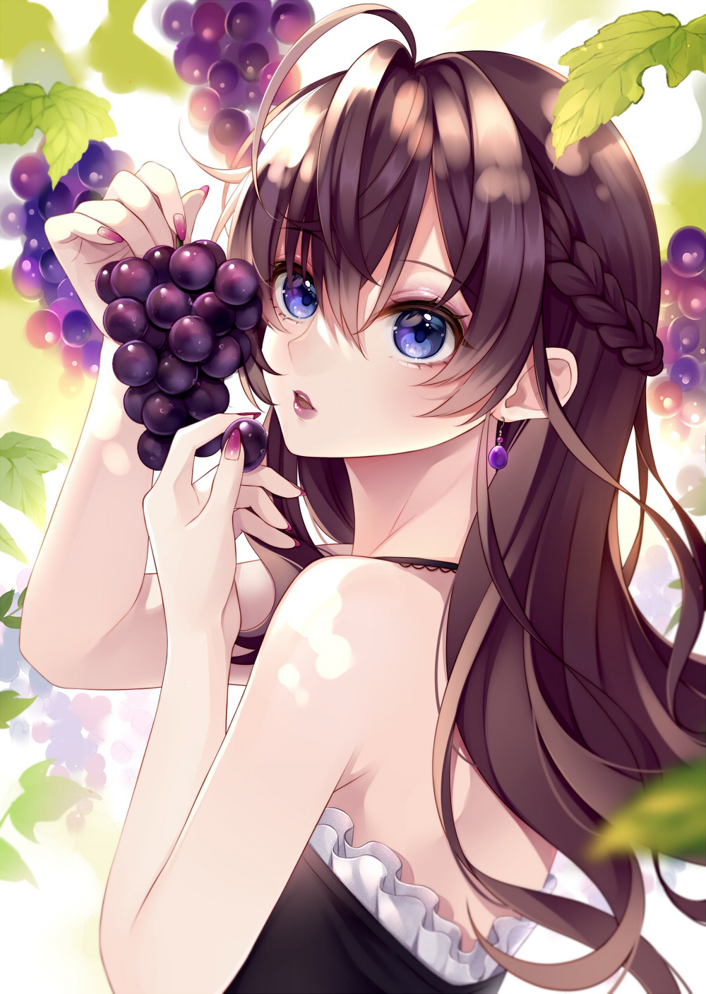 1girl bangs bare_arms bare_shoulders blue_eyes braid brown_hair commentary_request earrings eyebrows_visible_through_hair fingernails food frills from_side fruit grapes highres holding holding_food holding_fruit ichinose_shiki idolmaster idolmaster_cinderella_girls jewelry lipstick long_fingernails long_hair looking_at_viewer looking_to_the_side makeup nail_polish parted_lips pink_nails purple_lips sleeveless solo upper_body wakatsuki_you
