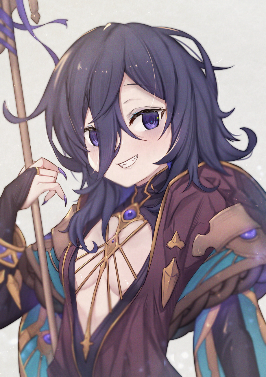 1girl bangs black_hair black_leotard blush breasts bridal_gauntlets brown_dress commentary_request dress eyebrows_visible_through_hair eyes_visible_through_hair fingernails granblue_fantasy grey_background grin hair_between_eyes hand_up highres holding leotard lich_(granblue_fantasy) long_fingernails long_hair nail_polish purple_eyes purple_nails shark_fin sharp_teeth simple_background small_breasts smile solo teeth uneg upper_body