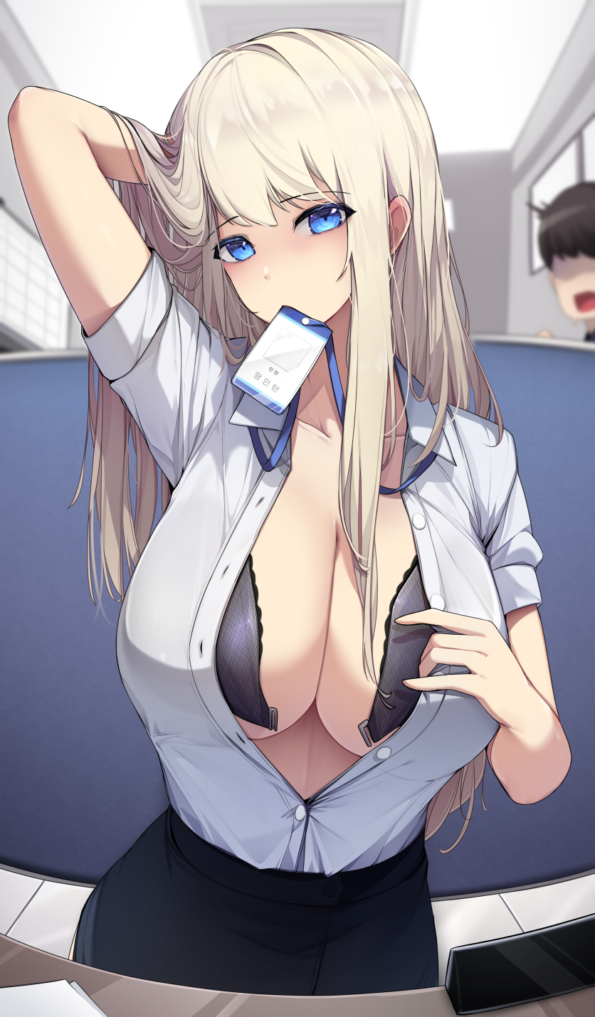1boy 1girl arm_behind_head black_bra black_skirt blonde_hair blue_eyes blush bra breasts cleavage collared_shirt ddangbi faceless faceless_male hair_lift highres id_card lanyard large_breasts long_hair mouth_hold office_lady open_clothes open_shirt original shirt shirt_tucked_in short_sleeves skirt solo_focus straight_hair unbuttoned unbuttoned_shirt underwear unfastened very_long_hair