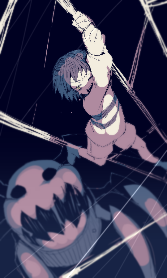 1girl animal bad_id bad_pixiv_id black_background black_hair boots bug frisk_(undertale) full_body giant_spider greyscale hair_between_eyes jumping long_sleeves looking_at_another looking_back monochrome monster muffet's_pet one_eye_closed open_mouth oshiruko_(tsume) oversized_animal shirt short_hair shorts simple_background spider string striped striped_shirt undertale