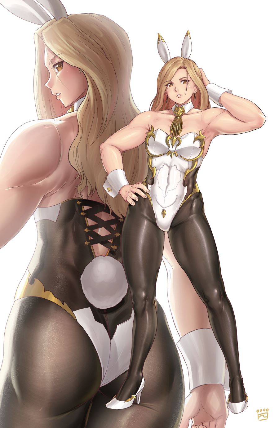 1girl adapted_costume animal_ears ass bare_arms black_legwear blonde_hair breasts brown_eyes cleavage commentary_request cowboy_shot cross-laced_clothes dangle_earrings detached_collar earrings finalcake from_behind full_body gold_neckwear hand_on_hip high_heels highres jewelry kisara_(tales) leotard long_hair looking_at_viewer looking_back medium_breasts multiple_views muscular muscular_female neckerchief pantyhose playboy_bunny rabbit_ears rabbit_tail simple_background standing strapless strapless_leotard tail tales_of_(series) tales_of_arise white_background white_leotard wrist_cuffs