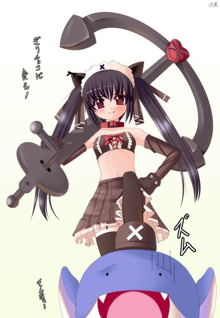 1girl 1other anchor animal_ears candy cat_ears chocolate closed_mouth commentary dolfini fang fangs food foot_on_head frills garter_straps gloves heart heart-shaped_chocolate kooh long_hair midriff natsumiya_yuzu obligation_chocolate open_mouth pangya signature skirt smile thighhighs translated zettai_ryouiki