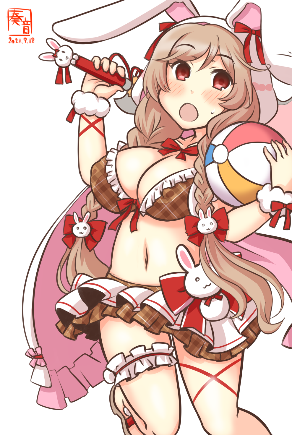 1girl animal_ears animal_hood ball beachball bikini bikini_skirt braid breasts brown_bikini brown_eyes bunny_hood cleavage cloud_hair_ornament commentary_request cosplay flower_knight_girl frilled_bikini frills gradient_hair highres hood kanon_(kurogane_knights) kantai_collection large_breasts light_brown_hair long_hair looking_at_viewer minegumo_(kancolle) multicolored_hair navel one-hour_drawing_challenge plaid plaid_bikini pleated_skirt rabbit_ears simple_background skirt solo susuki_(flower_knight_girl) susuki_(flower_knight_girl)_(cosplay) swimsuit twin_braids wand white_background