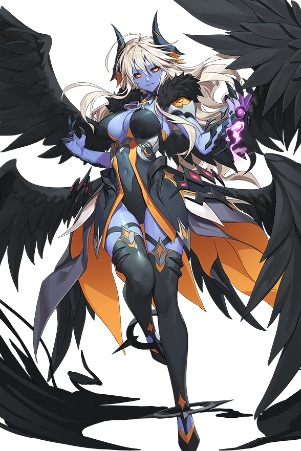 1girl alkyde_(soccer_spirits) angel_wings ass_visible_through_thighs black_leotard black_sclera blue_skin boots breasts catharsis_(soccer_spirits) claws colored_sclera colored_skin dark_persona demon_girl demon_horns fallen_angel high_heel_boots high_heels horns large_breasts leotard long_hair looking_at_viewer looking_to_the_side multiple_wings soccer_spirits thighhighs transparent_background vakasatang white_hair wings yellow_eyes