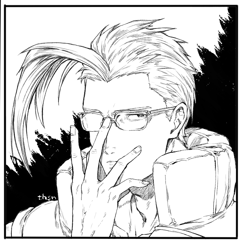 1boy ahoge charlie_nash closed_mouth commentary_request flak_jacket glasses greyscale huge_ahoge jacket looking_at_viewer male_focus monochrome murata_tefu solo street_fighter street_fighter_zero_(series)