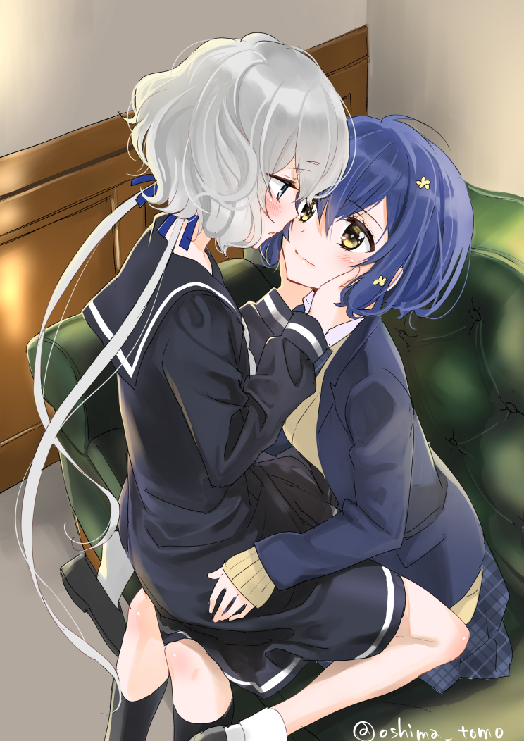 2girls blue_dress blue_hair blue_jacket blush couch couple dress eye_contact flower grey_hair hair_flower hair_ornament hands_on_another's_cheeks hands_on_another's_face jacket kneehighs konno_junko looking_at_another mizuno_ai multiple_girls on_couch ooshima_tomo plaid plaid_skirt sailor_dress school_uniform signature single_stripe sitting sitting_on_lap sitting_on_person skirt smile twitter_username yuri zombie_land_saga