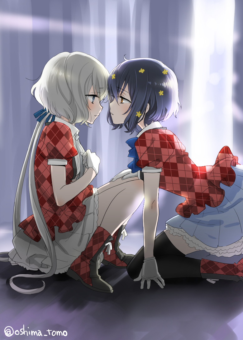 2girls argyle argyle_footwear black_legwear blue_skirt boots commentary_request flower gloves grey_hair hair_flower hair_ornament hand_on_another's_leg idol kneeling konno_junko long_hair looking_at_another low_twintails mizuno_ai multiple_girls ooshima_tomo pleated_skirt red_footwear red_shirt shirt short_hair signature sitting skirt thighhighs twintails twitter_username very_long_hair white_gloves white_skirt yuri zombie_land_saga