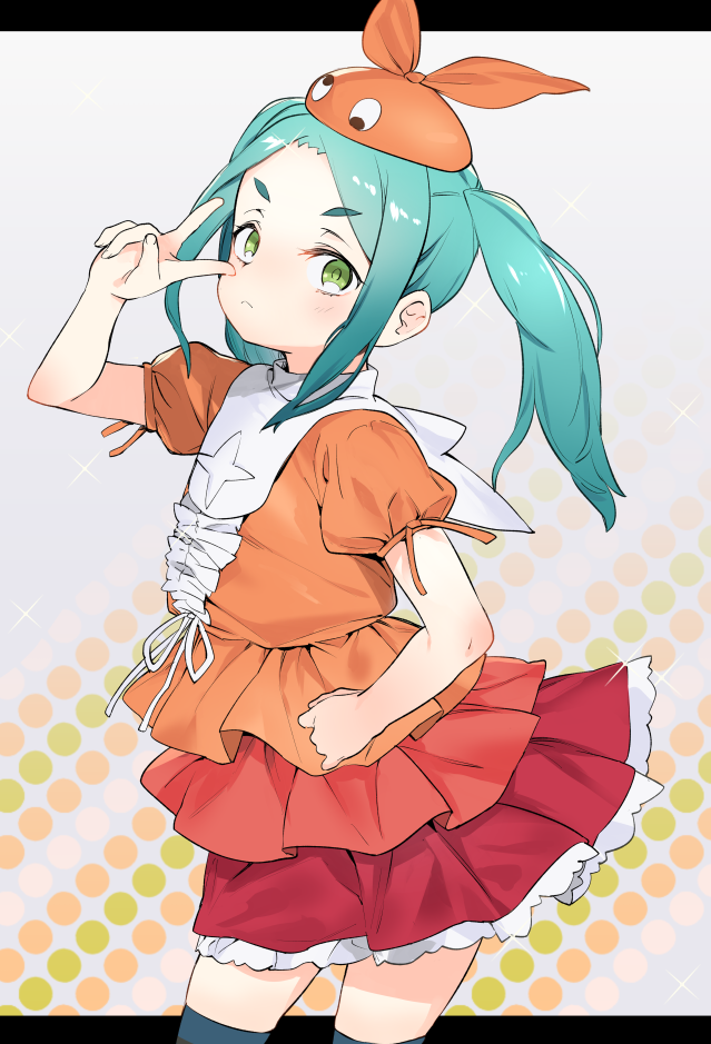 1girl atage blue_hair blue_legwear closed_mouth green_eyes hand_up hat letterboxed long_hair looking_at_viewer miniskirt monogatari_(series) ononoki_yotsugi orange_headwear orange_shirt outside_border puffy_short_sleeves puffy_sleeves red_skirt shirt short_sleeves skirt solo standing twintails v