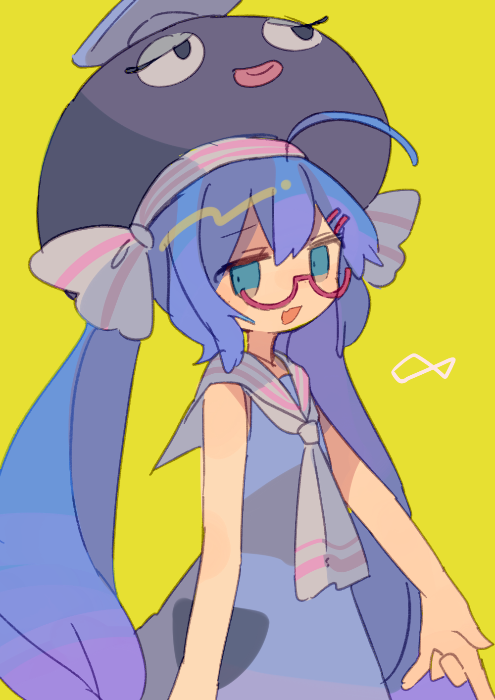 1girl :d \m/ ahoge animal_hat arm_at_side ascot bad_id bad_tumblr_id bangs bare_arms bare_shoulders blue_dress blue_eyes blue_hair daizu_(melon-lemon) dot_nose dress eel_hat eyes_visible_through_hair fang furrowed_brow glasses green_background grey_ascot grey_neckwear grey_ribbon grey_sailor_collar hair_between_eyes hair_ornament hairclip hat hat_ribbon highres jitome long_hair looking_at_viewer looking_to_the_side low_twintails mortarboard open_mouth otomachi_una pink-framed_eyewear ribbon sailor_collar sailor_dress semi-rimless_eyewear sidelocks simple_background skin_fang sleeveless sleeveless_dress smile solo standing talkex twintails two-tone_neckwear two-tone_ribbon under-rim_eyewear upper_body very_long_hair vocaloid voiceroid