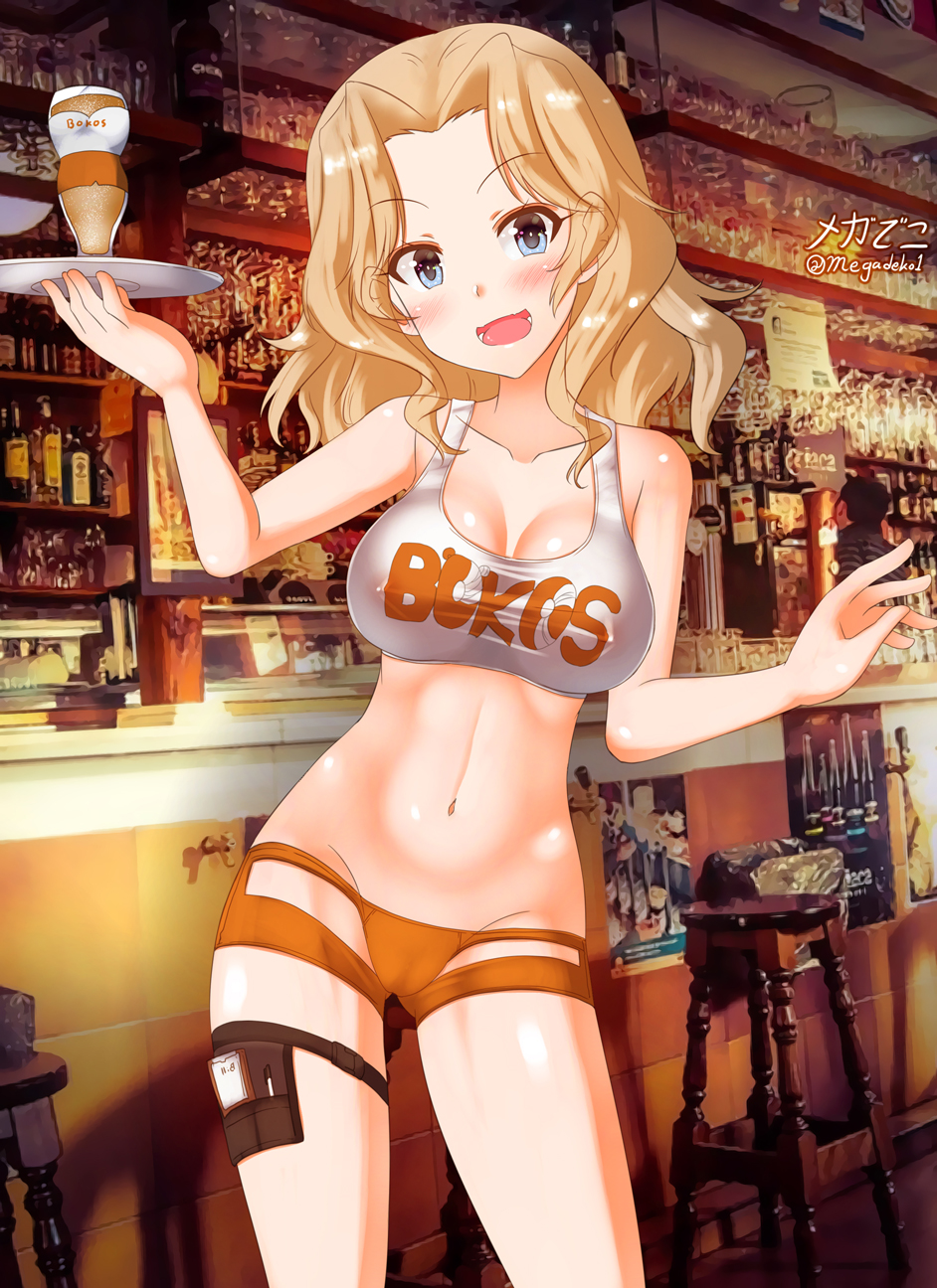 1girl adapted_costume animal_print aquaegg artist_name bear_print bike_shorts boko_(girls_und_panzer) breasts clothing_cutout crop_top cup girls_und_panzer groin highres holding holding_tray hooters indoors kay_(girls_und_panzer) large_breasts micro_shorts navel open_mouth orange_shorts parody photo_background print_shirt shirt shorts signature smile solo standing stomach tank_top thigh_strap tray waitress white_shirt