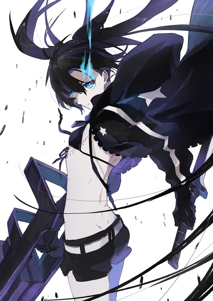 1girl ass bangs belt bikini black_bikini black_hair black_jacket black_rock_shooter black_rock_shooter_(character) black_shorts blue_eyes breasts closed_mouth commentary_request cowboy_shot flaming_eye floating_hair front-tie_bikini front-tie_top hair_between_eyes holding holding_sword holding_weapon hood hood_down hooded_jacket jacket open_clothes open_jacket short_shorts shorts small_breasts solo standing star_(symbol) star_print swimsuit sword tama_(tama-s) twintails weapon white_background white_belt