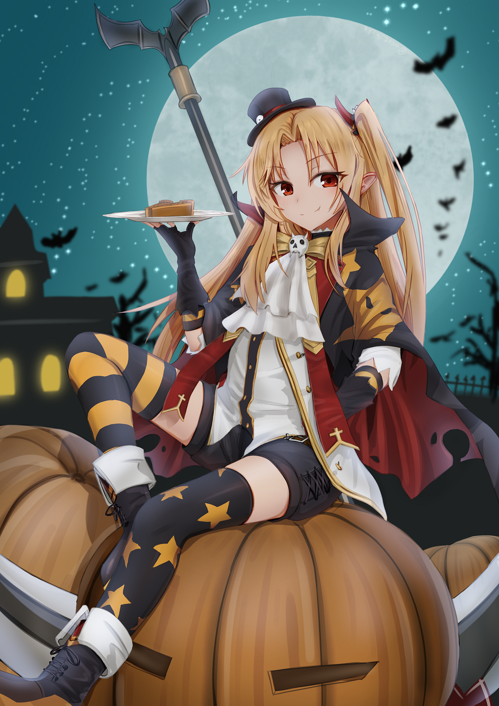 1girl asymmetrical_legwear azur_lane bangs bat black_gloves black_shorts blonde_hair blurry building cape carrying cleveland_(azur_lane) cleveland_(reaper_fever)_(azur_lane) commentary depth_of_field en eyebrows_visible_through_hair eyes_visible_through_hair full_moon gloves hair_ornament halloween hand_on_hip hat highres jack-o'-lantern long_hair long_sleeves looking_at_viewer mini_hat mini_top_hat mismatched_legwear moon night night_sky official_alternate_costume one_side_up plate pointy_ears pumpkin pumpkin_pie red_eyes shorts sidelocks sitting sky smile solo star_(sky) starry_sky thighhighs top_hat west_24