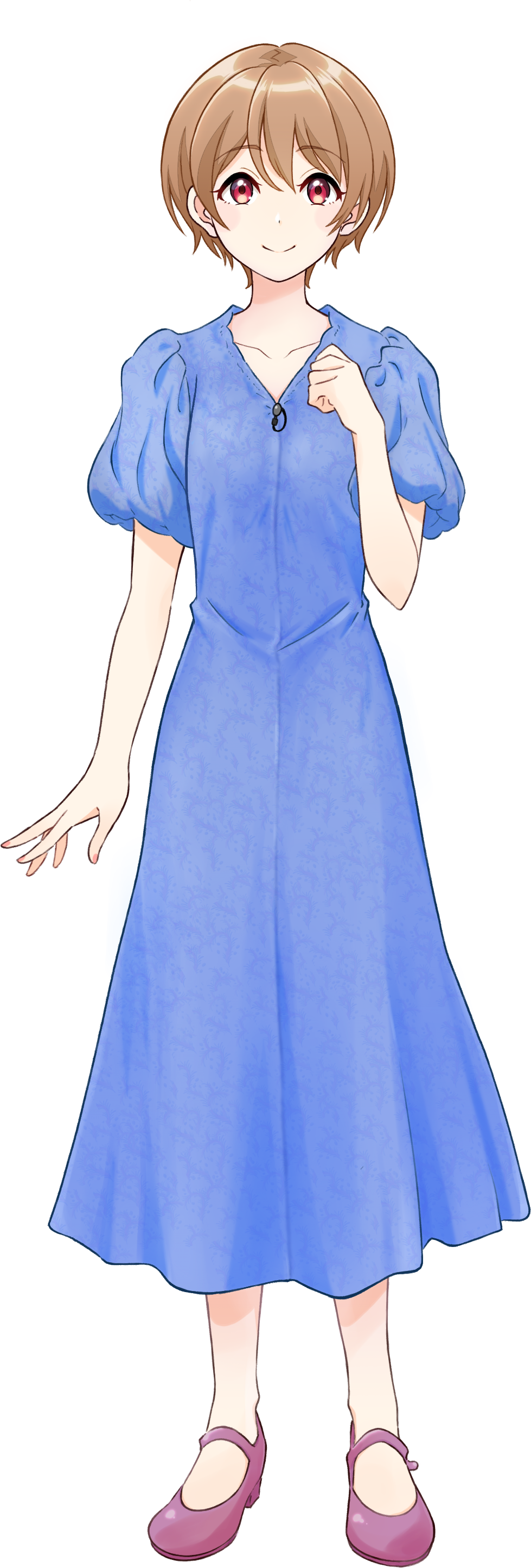 1girl a.i._voice absurdres blue_dress brown_hair closed_mouth collarbone dress full_body fuyaketa hand_on_own_chest highres looking_at_viewer microphone official_art purple_footwear red_eyes shiosaki_kazuki short_hair short_sleeves smile solo transparent_background