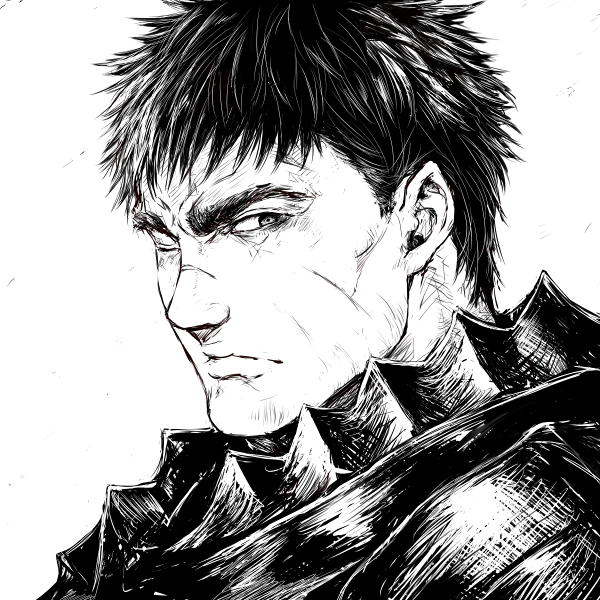 1boy armor berserk berserker_armor closed_mouth commentary from_side greyscale guts_(berserk) lips looking_at_viewer looking_to_the_side male_focus monochrome one_eye_closed portrait scar scar_on_cheek scar_on_face scar_on_nose short_hair shu-mai sideways_glance simple_background solo thick_eyebrows upper_body white_background