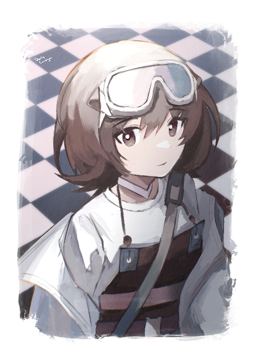 1girl arknights black_choker black_overalls border brown_eyes brown_hair checkered checkered_floor choker eyebrows_visible_through_hair genieko goggles goggles_on_head hair_between_eyes jacket looking_at_viewer off_shoulder open_clothes open_jacket overalls roberta_(arknights) shirt short_hair solo upper_body white_border white_jacket white_shirt