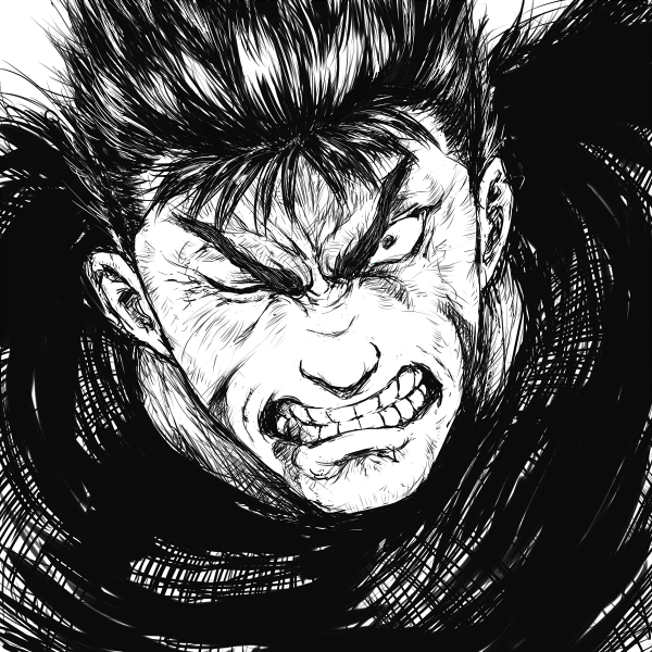 1boy angry berserk clenched_teeth commentary greyscale guts_(berserk) looking_at_viewer male_focus monochrome one_eye_closed portrait scar scar_on_face scar_on_nose short_hair shu-mai simple_background solo teeth upper_body white_background wide-eyed