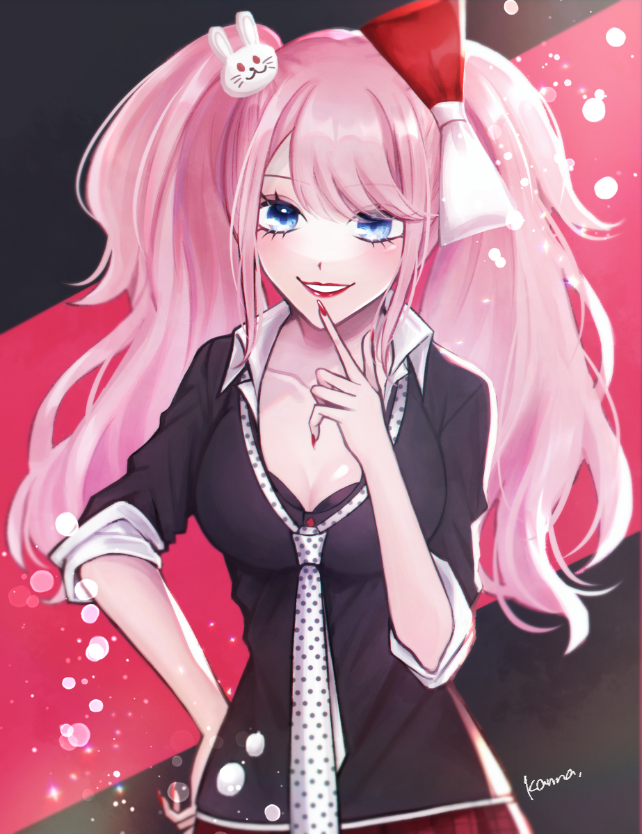 1girl bangs black_background black_shirt blue_eyes bow breasts bunny_hair_ornament cleavage collarbone commentary danganronpa:_trigger_happy_havoc danganronpa_(series) enoshima_junko eyebrows_visible_through_hair hair_bow hair_ornament hand_up highres kan'na_(ff6ns) large_breasts long_hair looking_at_viewer nail_polish necktie pink_hair pleated_skirt polka_dot_neckwear red_background red_bow red_nails red_skirt shiny shiny_hair shiny_skin shirt signature skirt sleeves_rolled_up smile solo teeth twintails white_bow