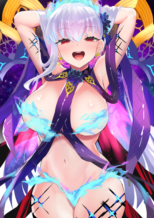 1girl armpits arms_behind_head arms_up bangs bare_shoulders blue_fire blue_hair blush breasts earrings eyebrows_visible_through_hair fate/grand_order fate_(series) fire flower hair_between_eyes hair_flower hair_ornament hair_ribbon jewelry kama_(fate) kama_(swimsuit_avenger)_(fate) large_breasts long_hair looking_at_viewer lotus multicolored_hair navel open_mouth p_answer red_eyes revealing_clothes ribbon silver_hair smile solo star_(sky) star_(symbol) star_earrings thighs tongue two-tone_hair
