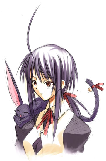 1girl :3 ahoge animal_on_shoulder archived_source bell black_cat black_hair brown_eyes cat closed_eyes commentary_request hair_ribbon jingle_bell kuro_(love_hina) looking_ahead love_hina low_ponytail magi neck_ribbon pointy_ears ponytail puffy_sleeves red_neckwear red_ribbon ribbon sidelocks simple_background smile solo tail tail_bell tail_ornament tail_ribbon upper_body urashima_kanako vest white_background white_vest