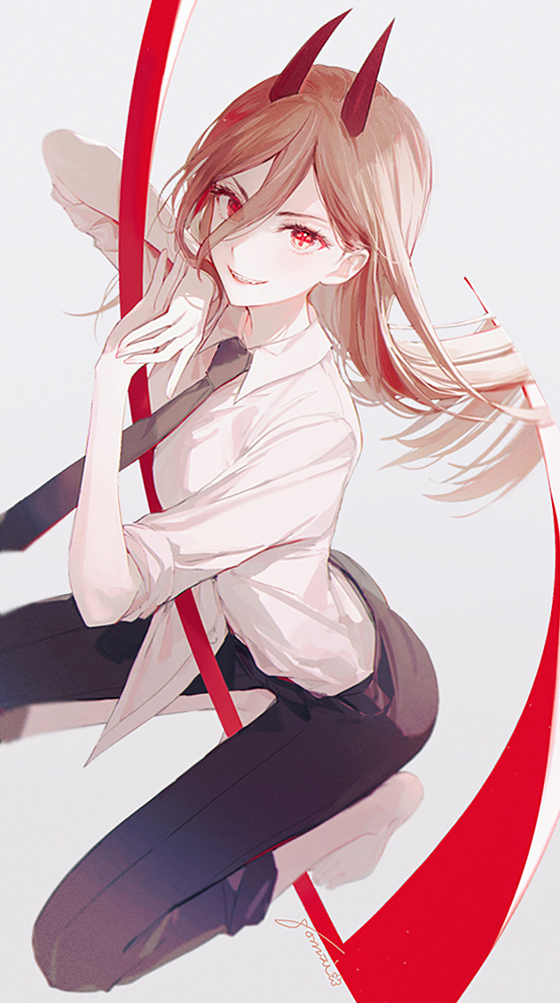 1girl blue_pants breasts chainsaw_man demon_girl demon_horns full_body gomzi hair_between_eyes horns long_hair looking_at_viewer necktie pants pink_hair power_(chainsaw_man) red_eyes red_horns sharp_teeth shirt sickle small_breasts solo teeth very_long_hair white_background white_shirt