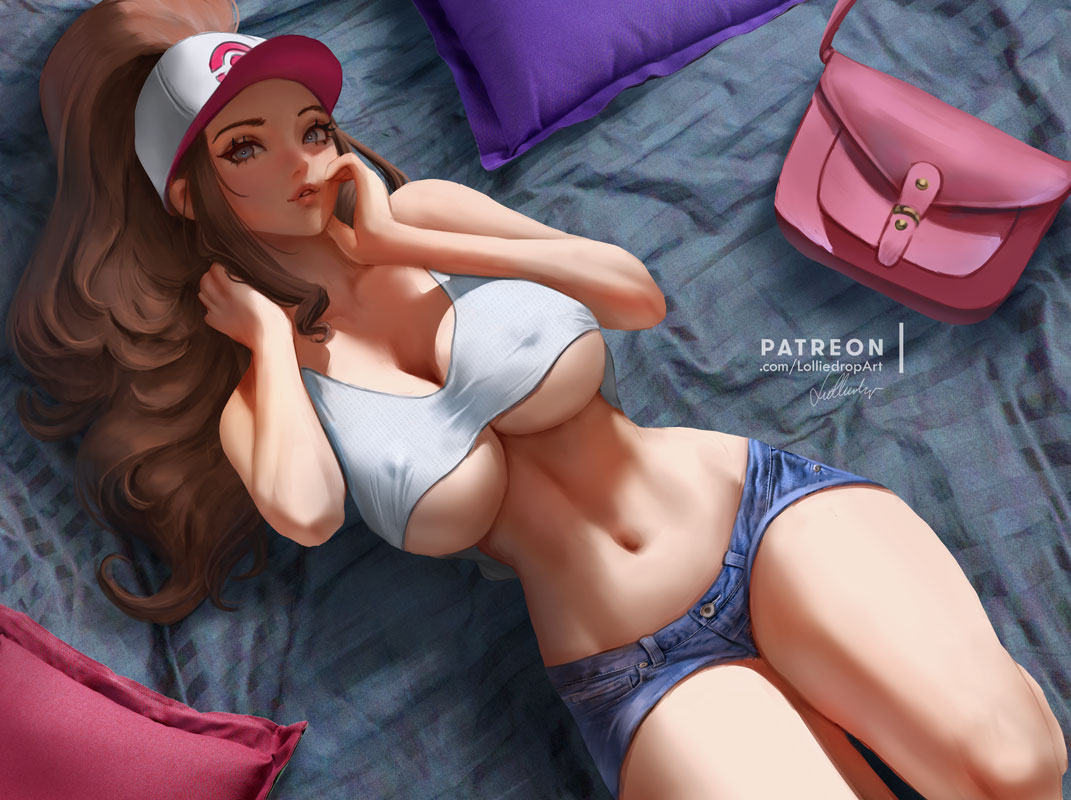 1girl bare_legs bare_shoulders baseball_cap blue_eyes breasts brown_hair cleavage commentary covered_nipples crop_top denim denim_shorts hands_up hat hilda_(pokemon) large_breasts lolliedrop long_hair looking_at_viewer lying midriff navel on_back pinup_(style) pokemon pokemon_(game) pokemon_bw ponytail short_shorts shorts sidelocks solo tank_top underboob