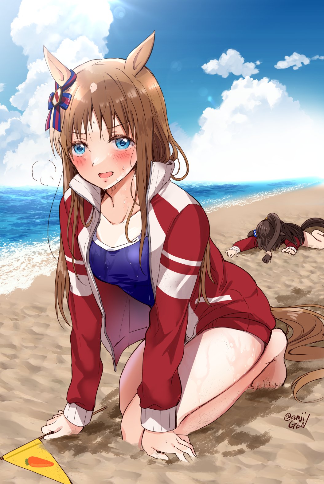 2girls animal_ears black_hair blue_eyes blush brown_hair cloud collapsed collarbone el_condor_pasa_(umamusume) flag gen_(enji) grass_wonder_(umamusume) heavy_breathing highres horse_ears horse_girl horse_tail looking_at_viewer lying multiple_girls ocean sand school_swimsuit sky sweat swimsuit tail umamusume