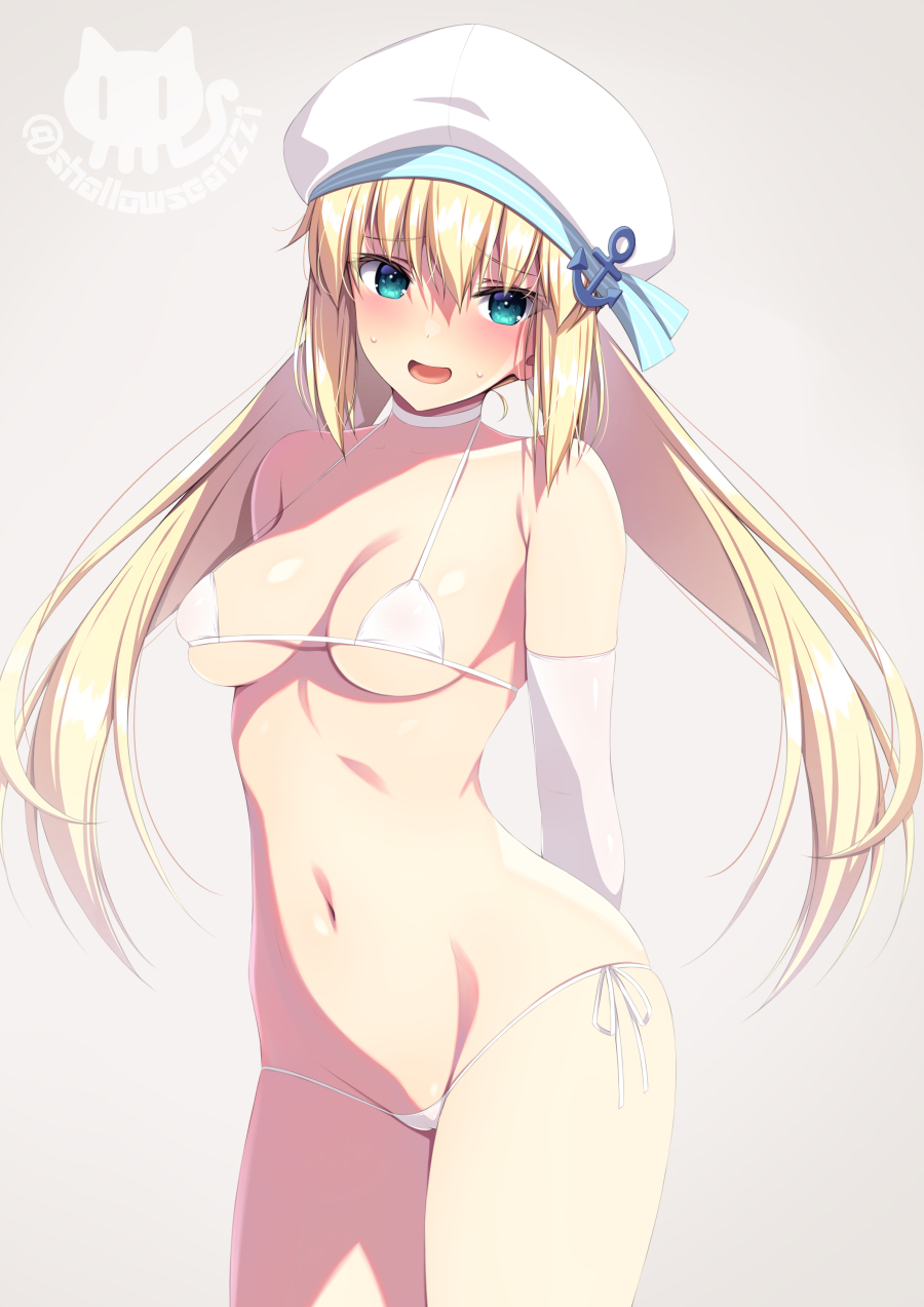 1girl arms_behind_back artoria_pendragon_(caster)_(fate) artoria_pendragon_(fate) asami_asami bangs bare_shoulders beret bikini blonde_hair blush breasts cleavage collarbone elbow_gloves fate/grand_order fate_(series) gloves green_eyes hat highres long_hair looking_at_viewer medium_breasts navel open_mouth smile solo swimsuit thighs twintails white_bikini white_gloves