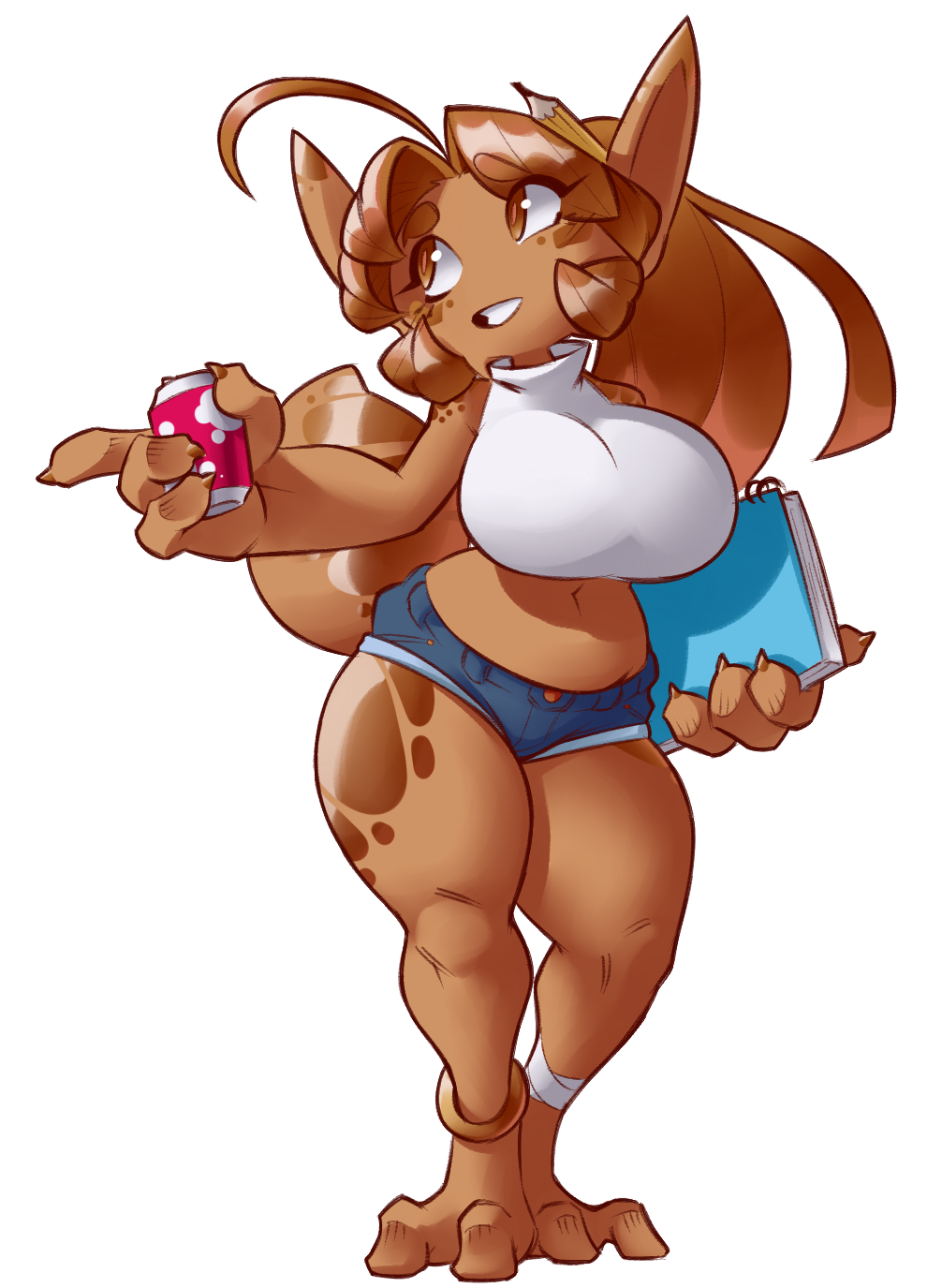 alpha_channel anthro arvol_(kevinsano) big_breasts bottomwear breasts brown_body brown_eyes brown_hair brown_skin clothing copper_(dorian-bc) cutoffs denim denim_clothing dorian-bc female hair hi_res huge_breasts humanoid midriff short_stack shorts solo wide_hips