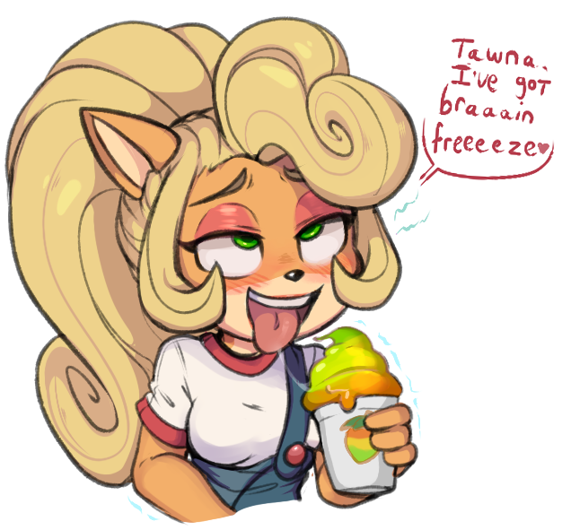 activision ahegao anonymous_artist anthro blonde_hair blush bodily_fluids brain_freeze breasts clothing coco_bandicoot container crash_bandicoot_(series) cup dessert dialogue english_text eye_roll female food green_eyes hair half-closed_eyes holding_object ice_cream long_hair looking_pleasured mammal marsupial narrowed_eyes open_mouth saliva saliva_string simple_background solo speech_bubble teeth text tongue tongue_out video_games white_background