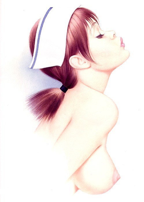 archie_dickens areolae breasts brown_hair closed_eyes large_breasts lips nipples nude nurse original short_hair solo third-party_edit upper_body white_background